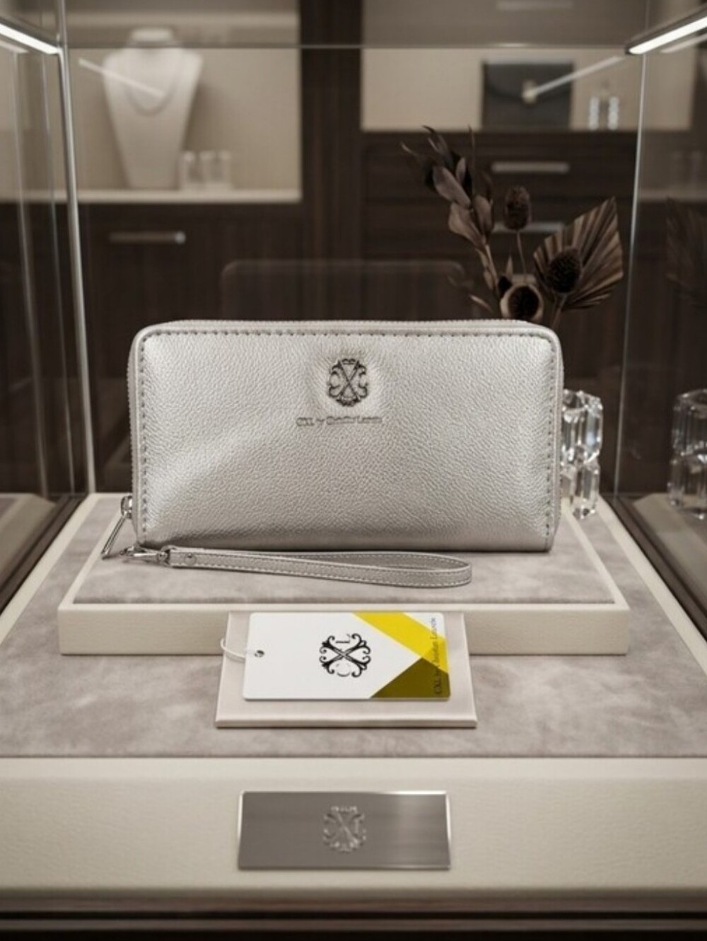 New Christian Lacroix Silver Double Zip Wallet With Wristle Strap Faux Leather